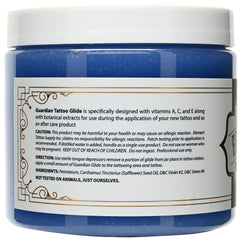 Element Tattoo Supply Guardian Tattoo Glide jar label highlights ingredients and professional-grade design.