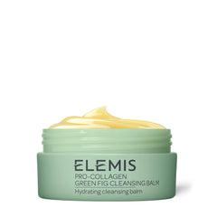 Elemis Pro-Collagen Cleansing Balm jar closeup for makeup removal and rich texture.