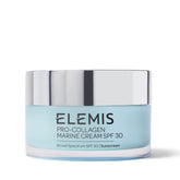 Elemis Pro-Collagen Marine Cream SPF 30 jar closeup shows premium packaging and hydrating texture.
