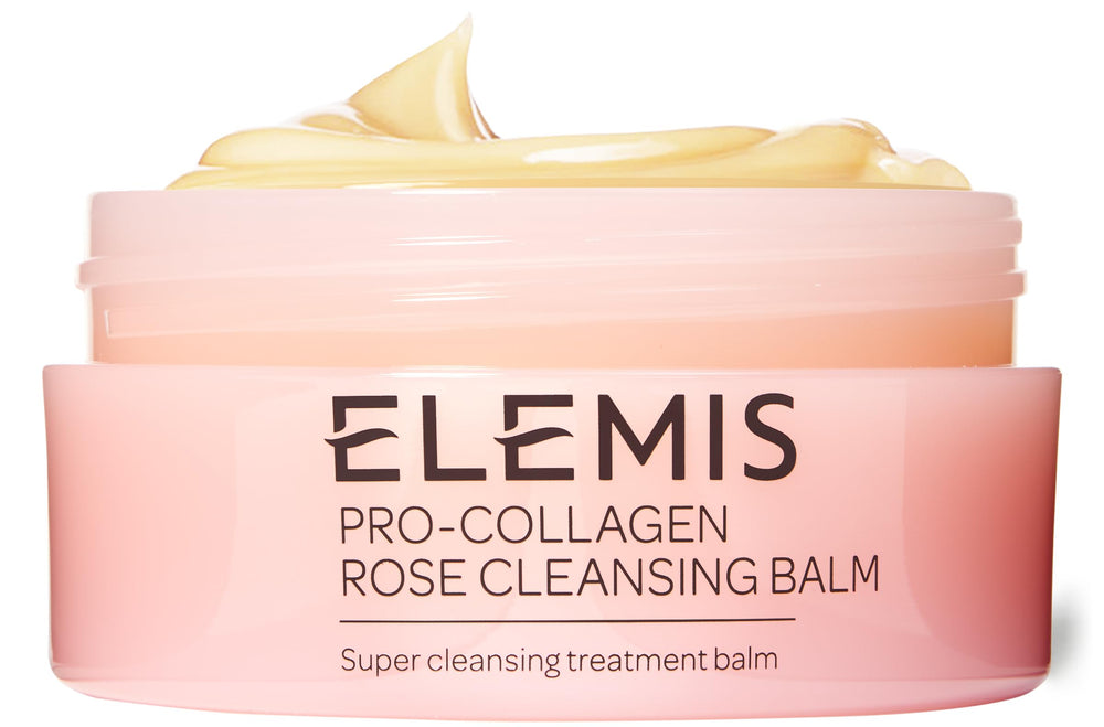 Elemis Pro-Collagen Rose Cleansing Balm packshot showing makeup removal use