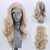 ELESTY long wavy blonde lace front wig, front view with natural hairline.