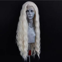 ELESTY long wavy white blonde wig back view showing full-length texture