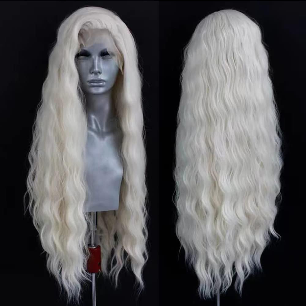 ELESTY long wavy white blonde wig front view for natural daily wear