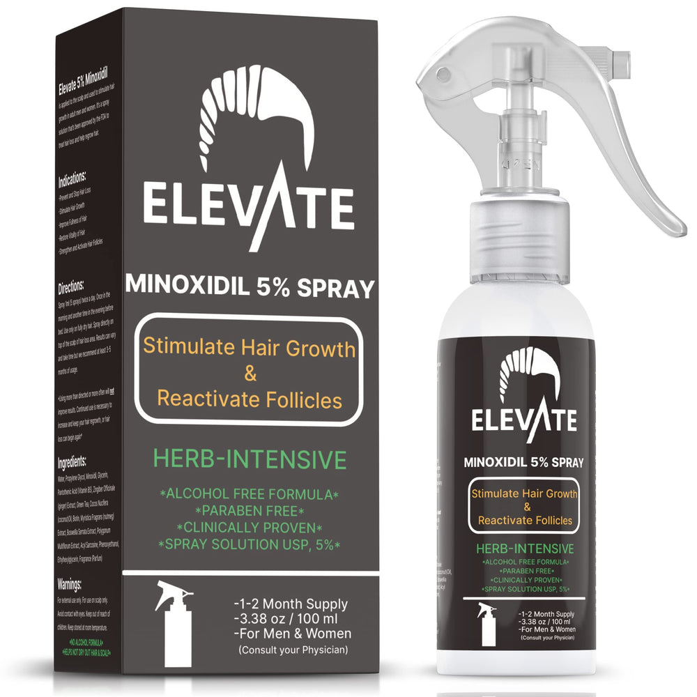 Elevate 5% Minoxidil spray bottle shown for targeted thinning areas.