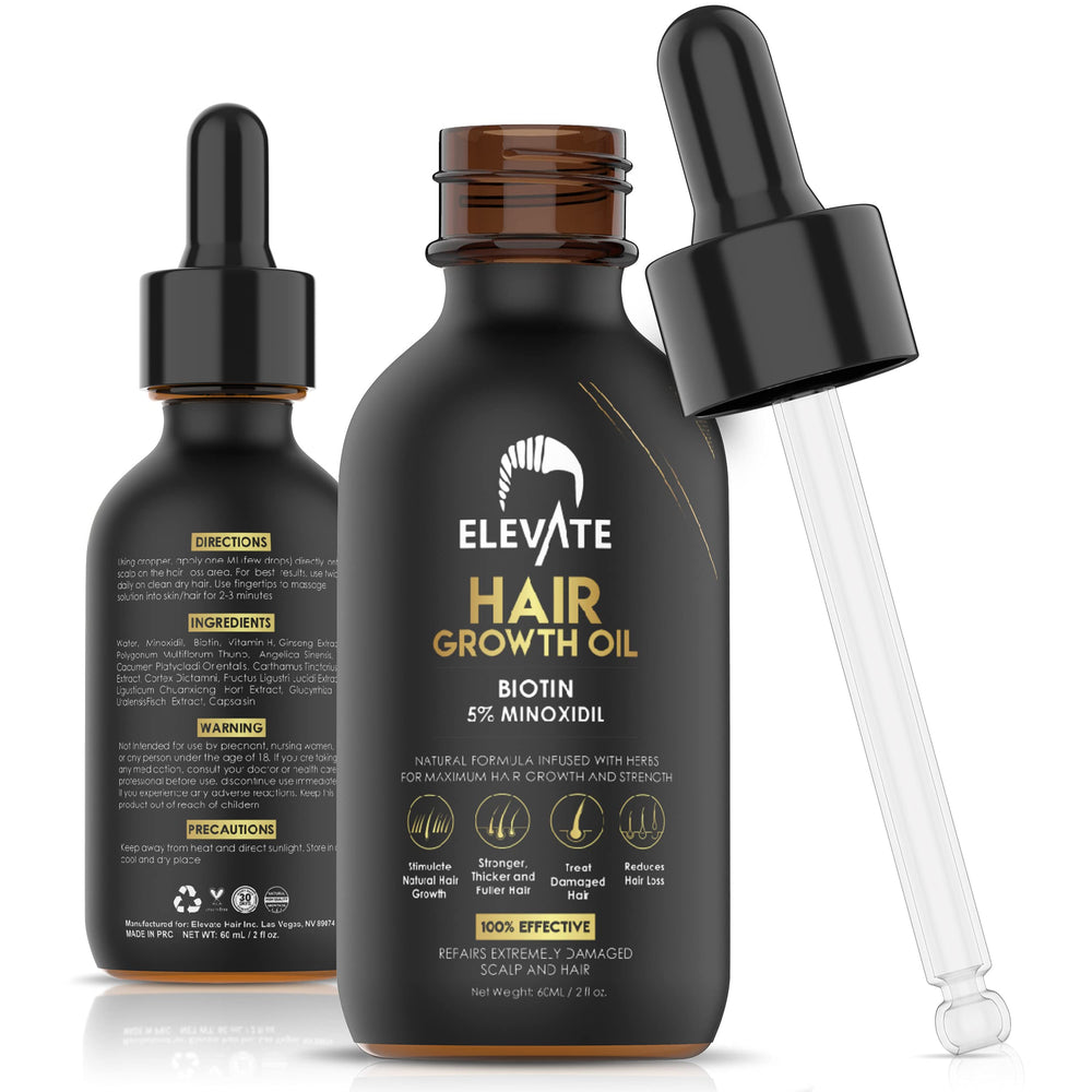 Elevate Hair Regrowth bottle front showing 5% minoxidil with biotin for daily use
