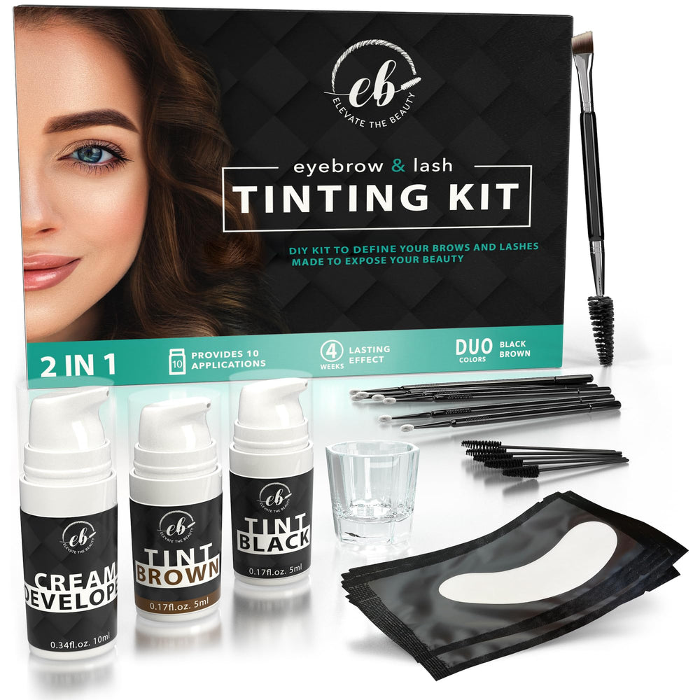 Elevate the Beauty eyebrow lash kit contents for convenient at-home color application.