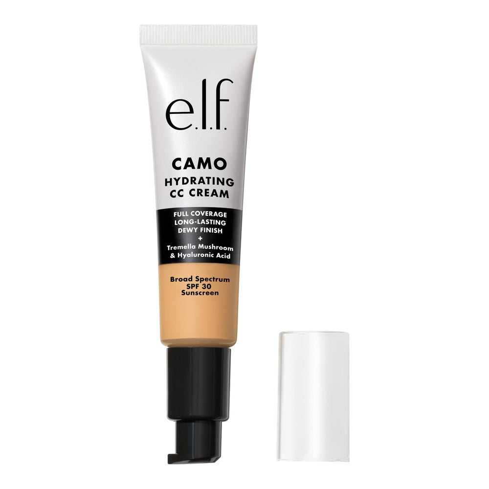 e.l.f. Hydrating Camo CC Cream bottle closeup shows moisturizing formula for dewy skin.