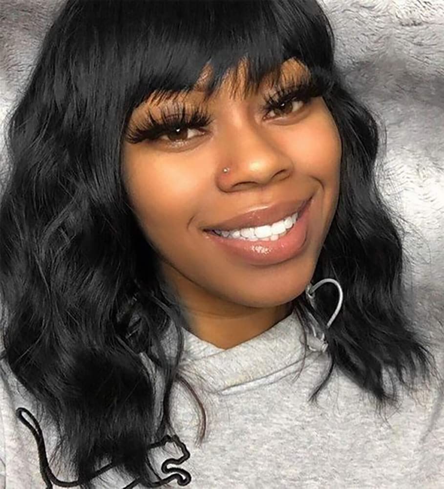 Elfairy black wig with bangs, 12in sleek bob for everyday style and easy maintenance.