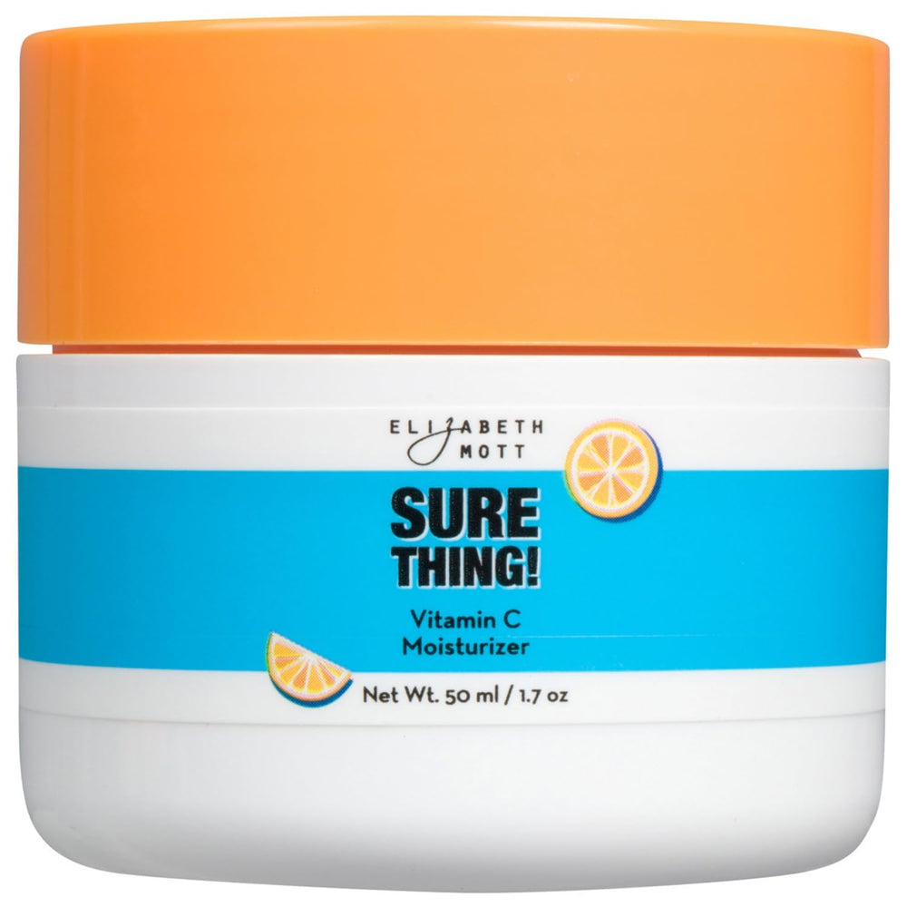Elizabeth Mott Vitamin C moisturizer jar close-up shows a light gel texture for radiant hydration.