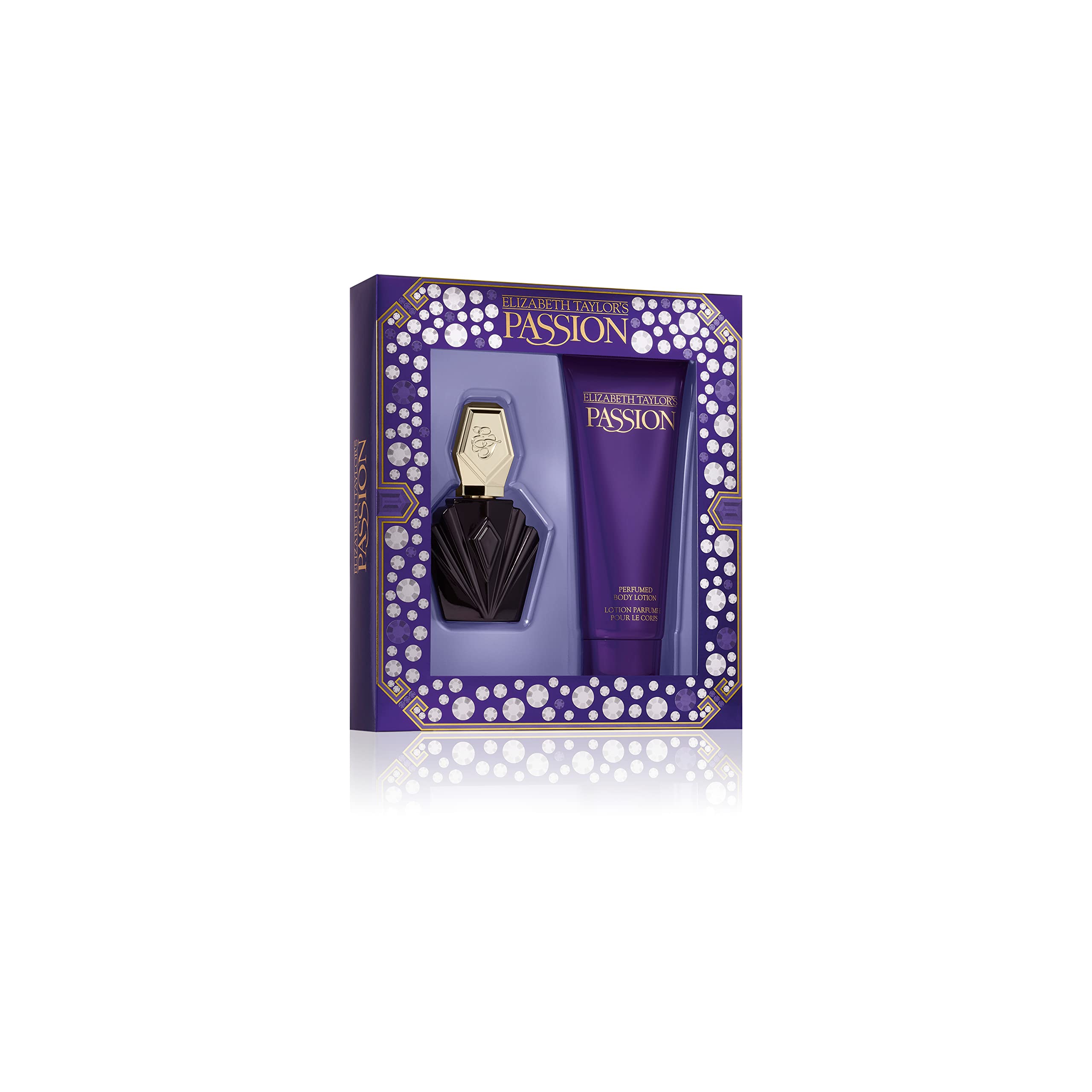 Elizabeth Taylor Passion fragrance bottle highlighting a floral amber scent for day or night wear.