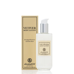 Elizabeth W Vetiver Body Lotion bottle, earthy scent, delivering lasting hydration for smooth, comfortable skin.