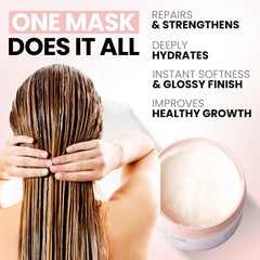 Hands applying Ella Bella keratin mask for deep conditioning at home.