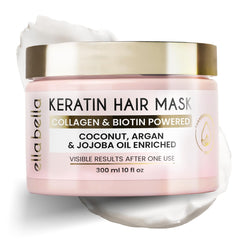 Ella Bella keratin hair mask jar close-up showing rich conditioning.