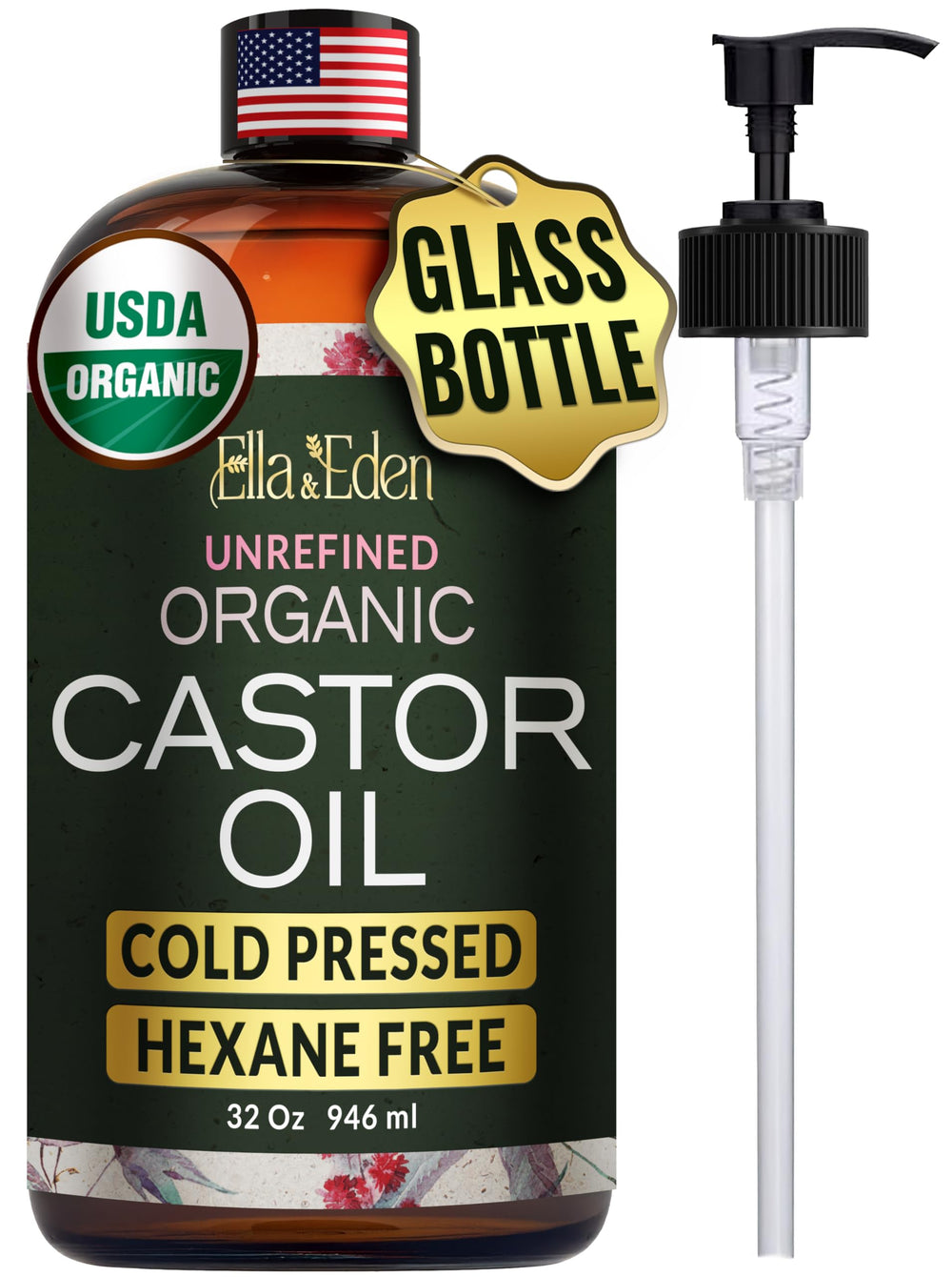 Ella & Eden castor oil bottle with pump for easy, mess-free dispensing.