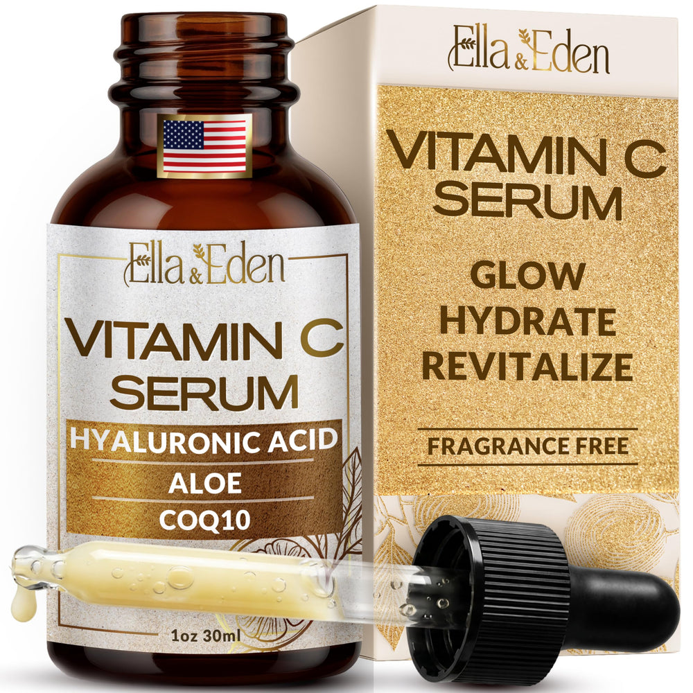 Ella and Eden Vitamin C Serum bottle closeup showing lightweight formula for daily glow