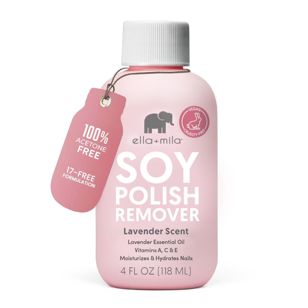 ella-mila soy nail polish remover bottle showcases gentle, non-acetone formula for natural nails.