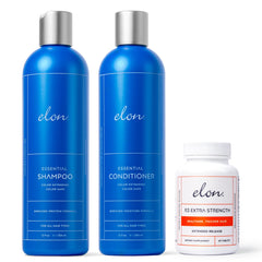 Elon Complete Care Kit shampoo bottle close-up showing gentle cleansing for thinning hair