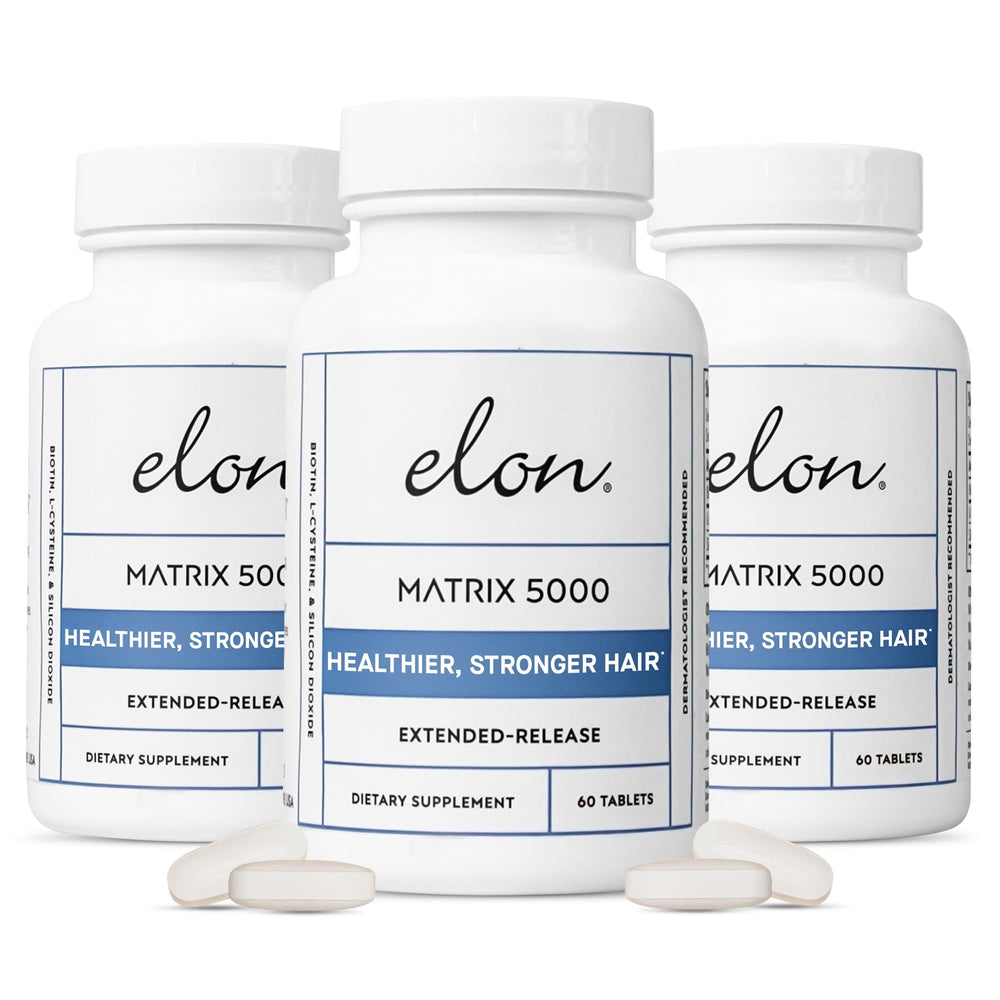 Elon Matrix 5000 bottle front view, clear branding, biotin support for hair