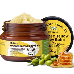 Elrisme Face Tallow and Honey Balm bottle shows fast-absorbing whipped formula for dry skin.