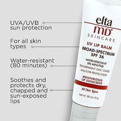 EltaMD lip balm with transparent zinc oxide for reliable sun protection on lips outdoors.