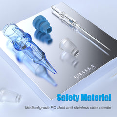 Square cartridge system provides stable lining guidance during tattoo sessions.