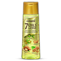 Emami 7-in-1 Hair Oil bottle promotes nourishment for stronger, shinier hair.