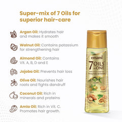 Emami 7-in-1 Hair Oil ingredient list highlights seven natural oils.
