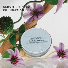 Emani Glow Biome NAD+ Serum Foundation with vitamin C and peptides for brightness.