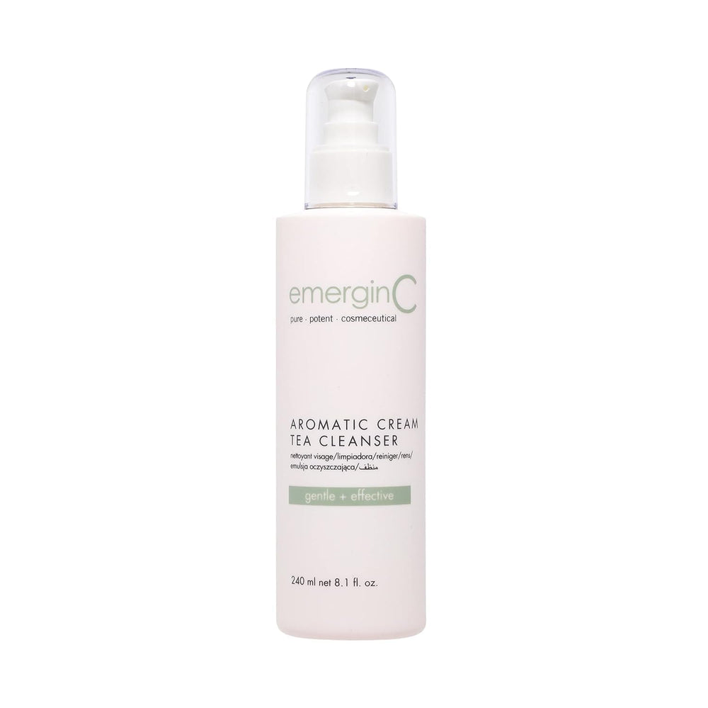 emergin C Aromatic Cream Tea Cleanser bottle demonstrates gentle makeup removal