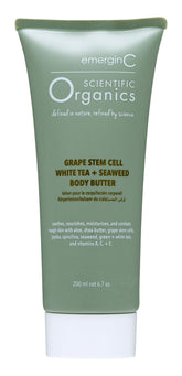 emergin-c grape stem cell body butter jar closeup highlights silky texture and premium packaging for dry skin