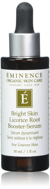 Eminence Bright Skin Licorice Root Booster Serum bottle highlights premium organic packaging and brightening potential.