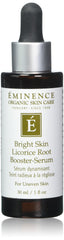 Eminence Bright Skin Licorice Root Booster Serum bottle highlights premium organic packaging and brightening potential.