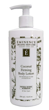 Eminence Coconut Firming Lotion bottle highlighting hydrating and a smooth look.
