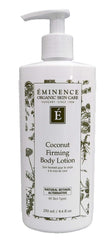 Eminence Coconut Firming Lotion bottle highlighting hydrating and a smooth look.