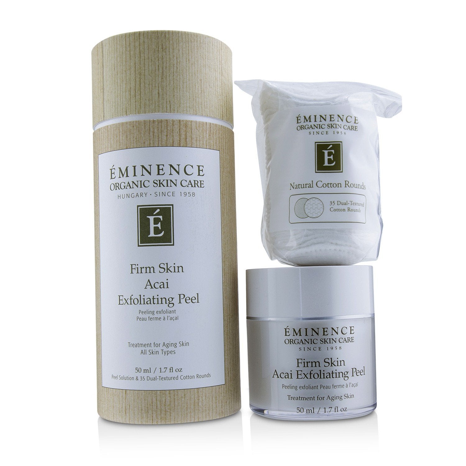 Eminence Firm Skin Acai Exfoliating Peel bottle close; hydrates mature skin