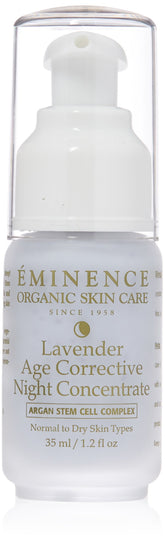 Eminence Lavender Age Corrective Night Concentrate bottle shown, hydrating skin overnight for a refreshed look