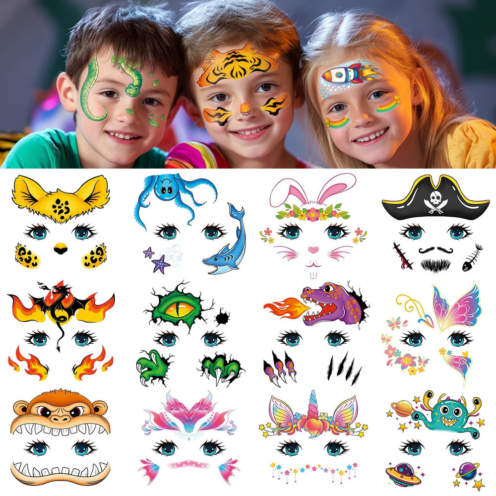 EMOME face tattoos kids 24-sheets package showing vibrant designs for birthday parties