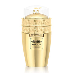 Emper Arabia Orchid Femme gold plating detail emphasizes premium fragrance presentation.