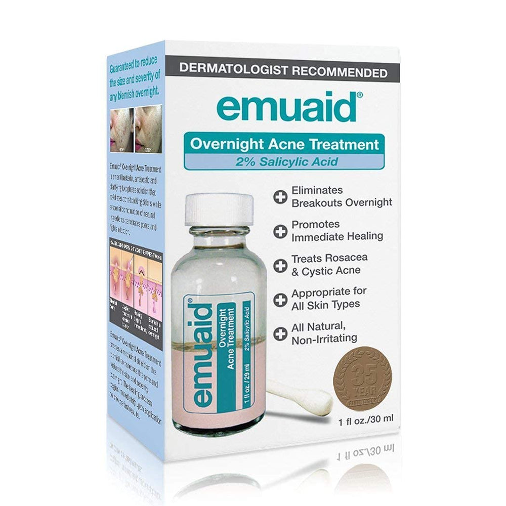 Emuaid Overnight Acne Treatment bottle front view for clearer skin support.