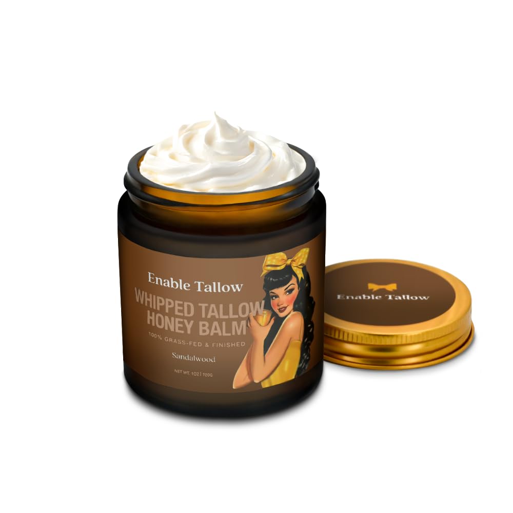 Enable Tallow Face and Body Cream tub closeup showing creamy texture for dry skin.