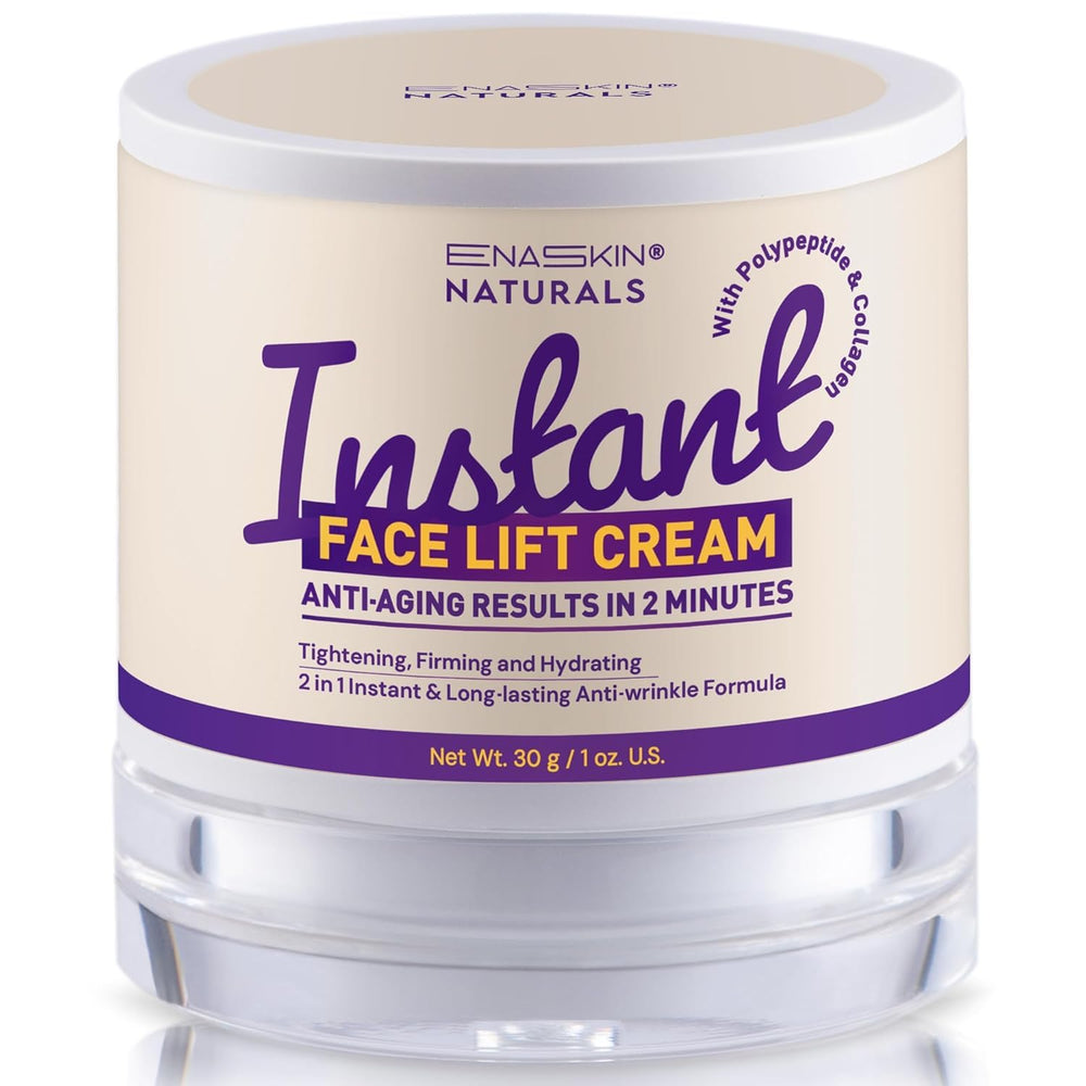 Enaskin Naturals Instant Face Tightener bottle closeup shows quick lift benefit