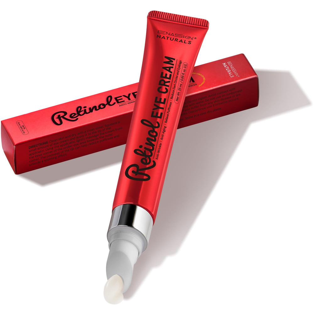 Enaskin Naturals Retinol Eye Cream tube close-up shows anti-aging benefits for smoother under-eye skin.