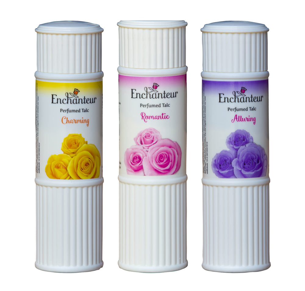 Enchanteur Charming talc triple pack with rose and cedarwood for silky skin.