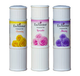Enchanteur Charming talc triple pack with rose and cedarwood for silky skin.