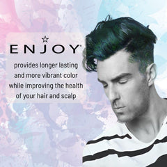 Close-up of Enjoy Blow Dry Lotion on hair shows smooth frizz-free finish.