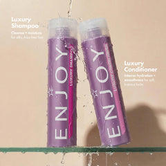 Enjoy Luxury Conditioner bottle pour highlights smoothing and detangling benefits.