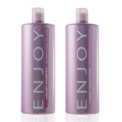 Enjoy Luxury Shampoo bottle pour shows premium cleansing and frizz control.