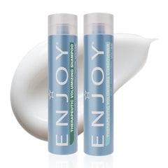 Enjoy Therapeutic Volumizing Shampoo bottle shows lightweight lift for fine hair.