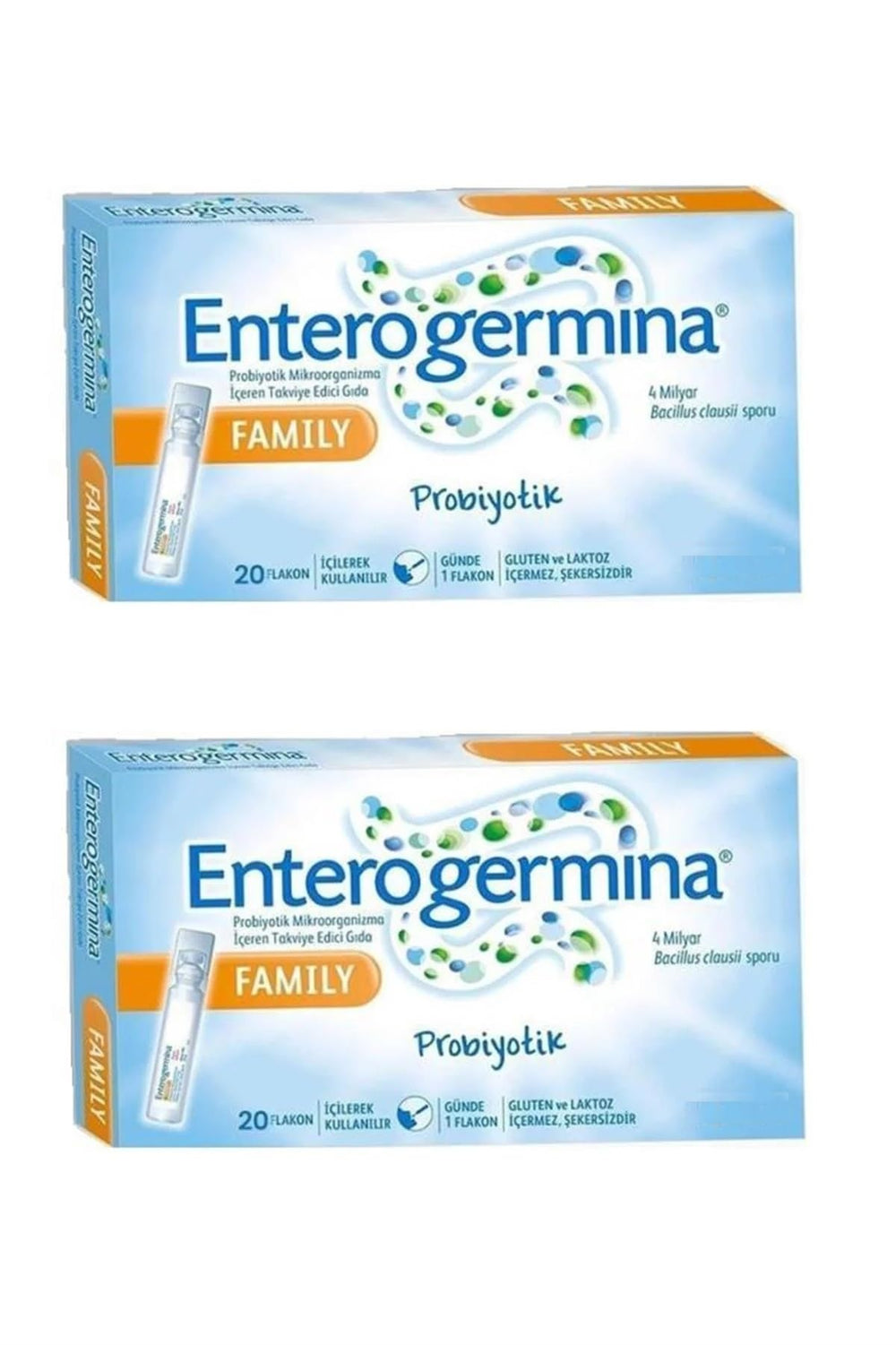 Enterogermina Family 40 Vials pack shown for convenient daily use and digestive support.