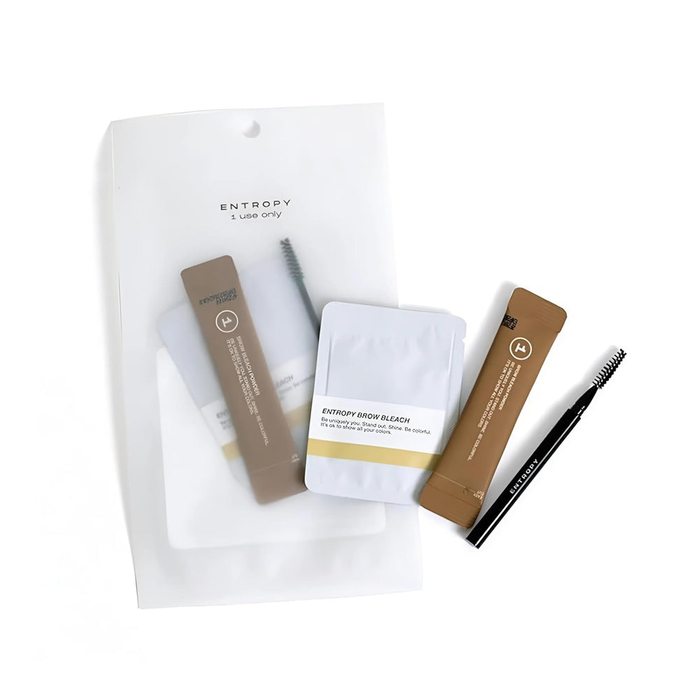 Entropy Make Up brow bleach kit packaging: compact, fast at-home lightening solution.